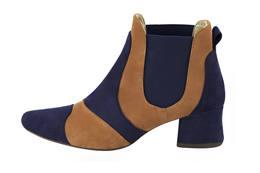 Step out in two-tone leather Chelsea ankle boots with contrasting elastic side gussets for a bold, modern graphic style, in navy blue and camel leather with round toe and low flared heel - Florence KOOIJMAN